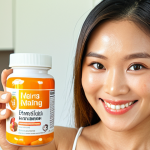 **Image Prompt:** "Attractive Thai woman in her 30s, smiling, holding a bottle of health supplements in a modern, bright kitchen. Blog post title visible in the background: '5 Tips for Radiant Skin in the Summer Heat.' Warm, inviting light."