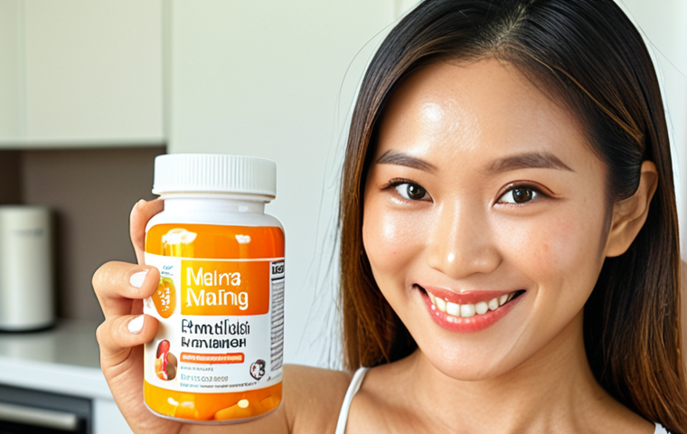 **Image Prompt:** "Attractive Thai woman in her 30s, smiling, holding a bottle of health supplements in a modern, bright kitchen. Blog post title visible in the background: '5 Tips for Radiant Skin in the Summer Heat.' Warm, inviting light."