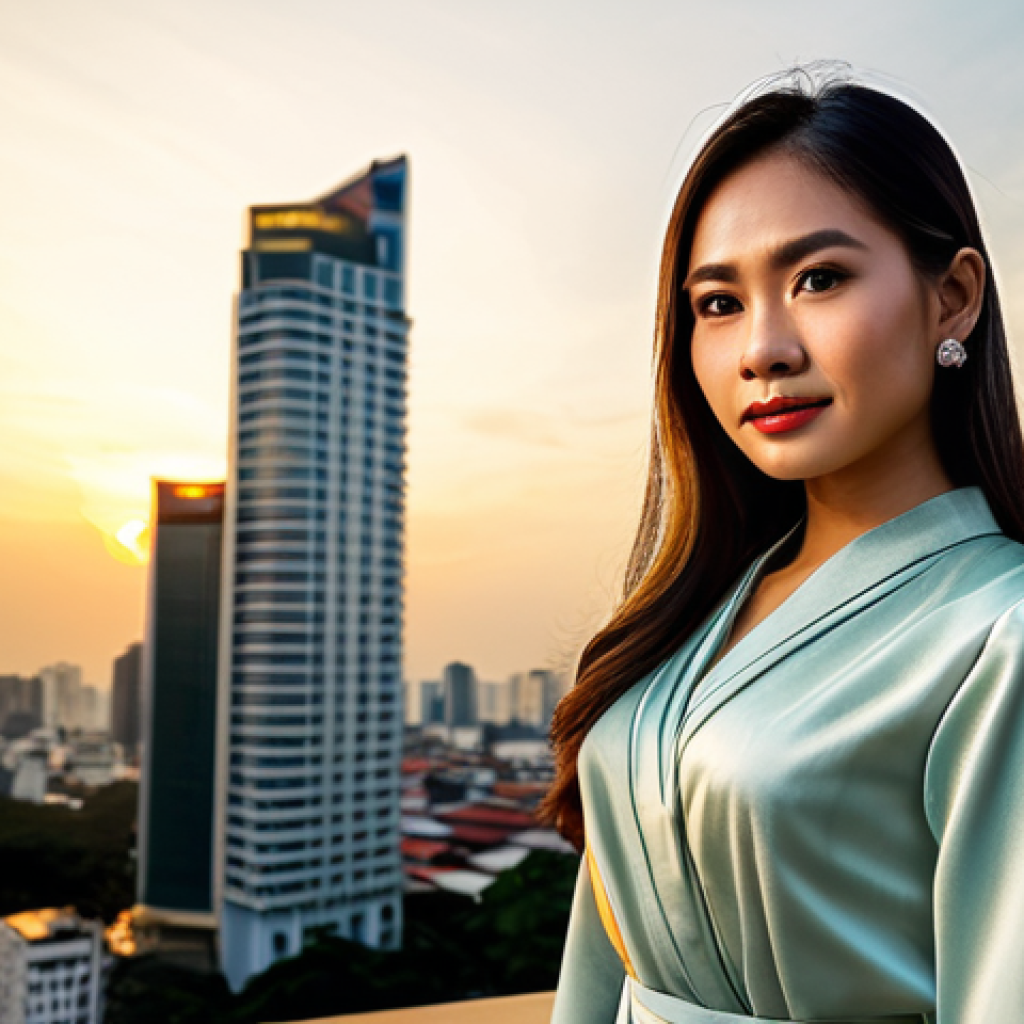 **

A Thai businesswoman in a modest, elegant silk dress, standing confidently in front of a bustling Bangkok cityscape at sunset, fully clothed, appropriate attire, safe for work, perfect anatomy, natural proportions, professional photography, golden hour lighting, family-friendly.

**