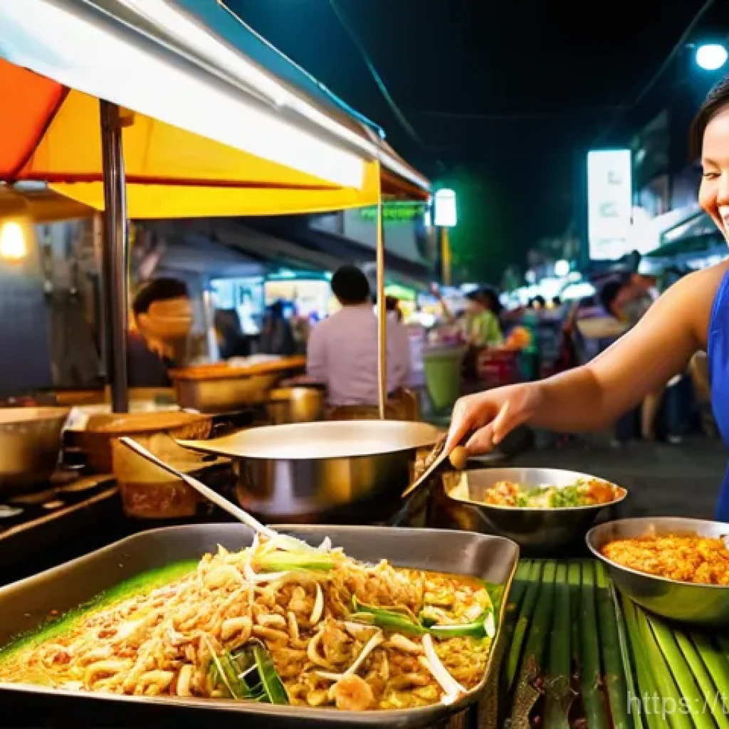 세일즈 퍼널에서의 효과적인 커뮤니케이션 기법 - **Prompt: "A bustling, vibrant street food stall in a lively Thai night market. A friendly Thai vend...