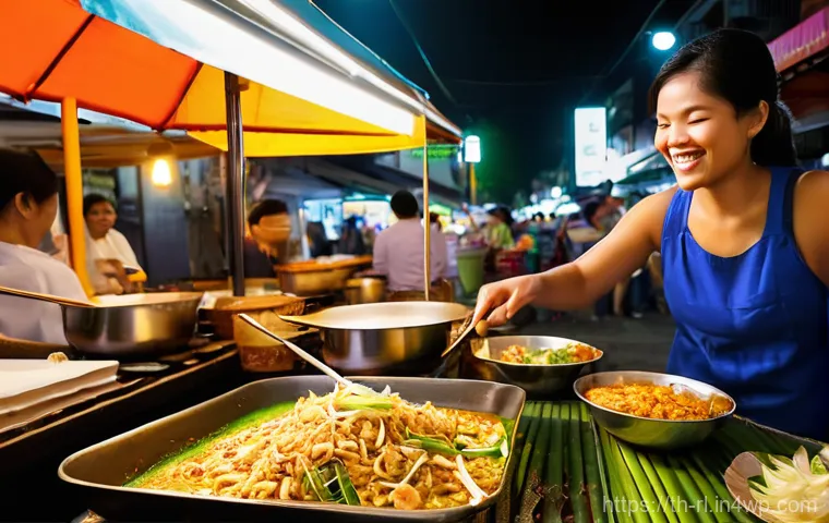 세일즈 퍼널에서의 효과적인 커뮤니케이션 기법 - **Prompt: "A bustling, vibrant street food stall in a lively Thai night market. A friendly Thai vend...