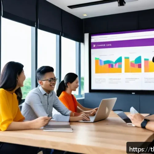 Home 33 세일즈 퍼널에서의 맞춤형 고객 경험 만들기 - A modern Thai digital marketing team in a bright, open office environment, collaborating around a la...