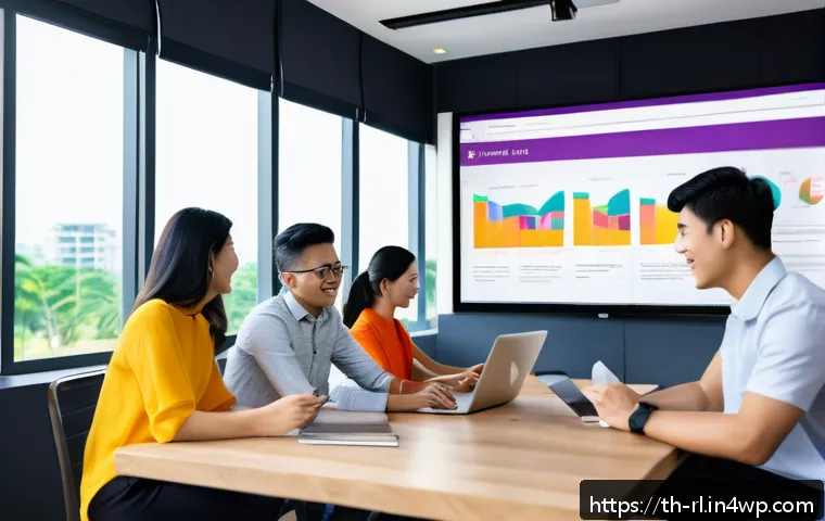 세일즈 퍼널에서의 맞춤형 고객 경험 만들기 - A modern Thai digital marketing team in a bright, open office environment, collaborating around a la...