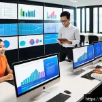 Home 18 세일즈 퍼널에서의 트렌드 분석 및 전망 - A modern Thai digital marketing office scene, featuring a diverse team of young professionals analyz...