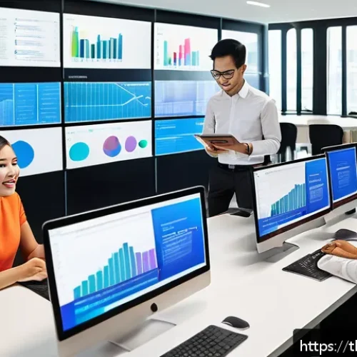 Home 30 세일즈 퍼널에서의 트렌드 분석 및 전망 - A modern Thai digital marketing office scene, featuring a diverse team of young professionals analyz...