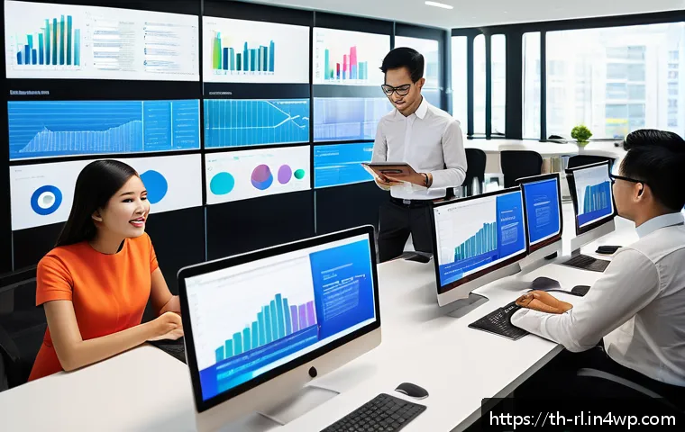 세일즈 퍼널에서의 트렌드 분석 및 전망 - A modern Thai digital marketing office scene, featuring a diverse team of young professionals analyz...