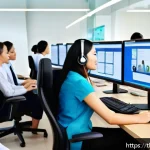 Home 23 세일즈 퍼널에서 고객의 불만 처리 방법 - A modern Thai customer service center scene showing a diverse group of professional staff attentivel...