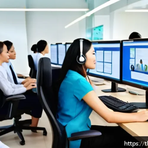 Home 17 세일즈 퍼널에서 고객의 불만 처리 방법 - A modern Thai customer service center scene showing a diverse group of professional staff attentivel...