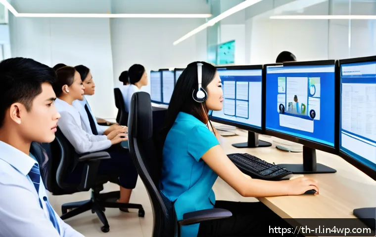 세일즈 퍼널에서 고객의 불만 처리 방법 - A modern Thai customer service center scene showing a diverse group of professional staff attentivel...
